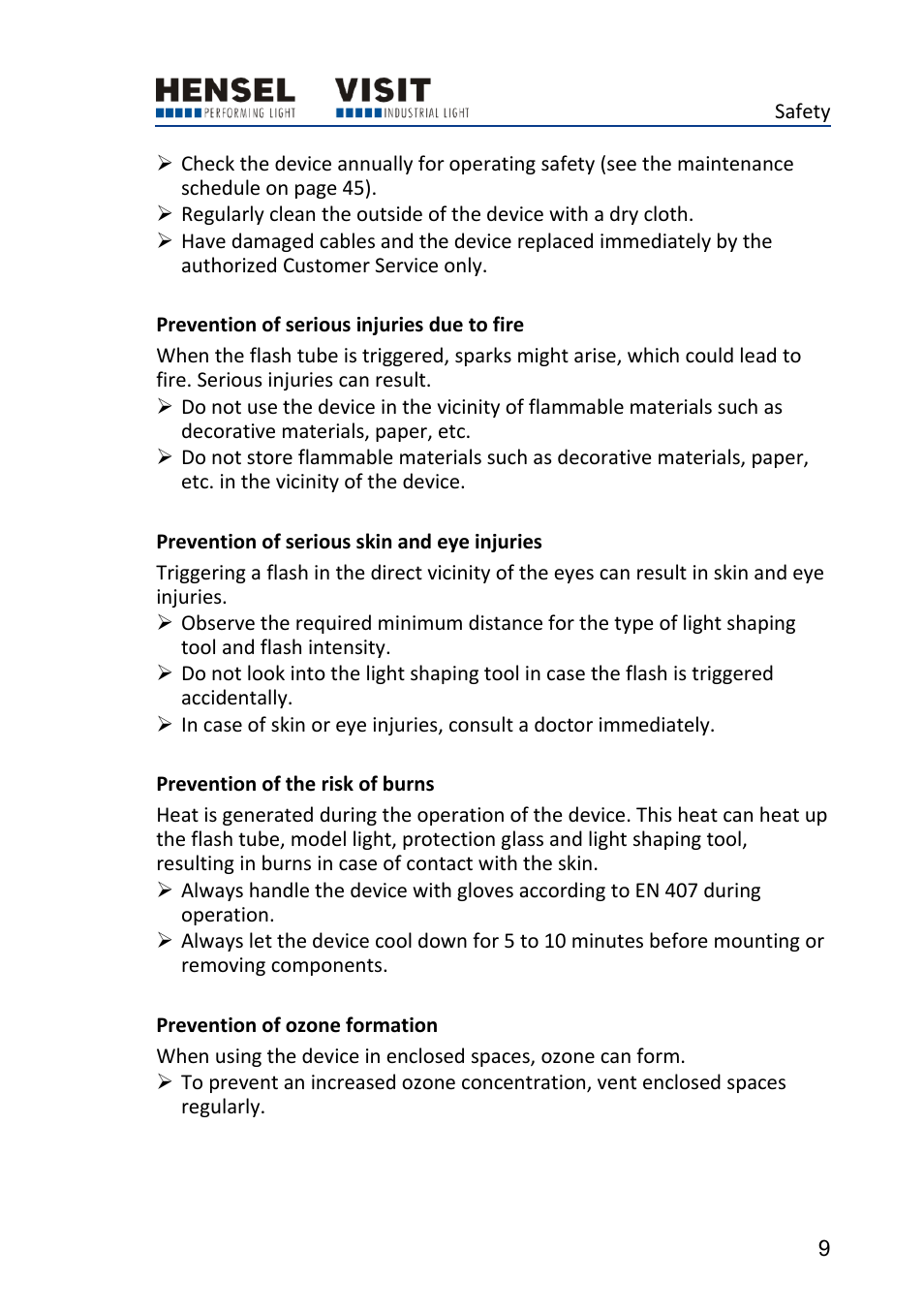 Prevention of serious injuries due to fire, Prevention of serious skin and eye injuries, Prevention of the risk of burns | Prevention of ozone formation | Hensel Certo 400 Monolight User Manual | Page 9 / 56