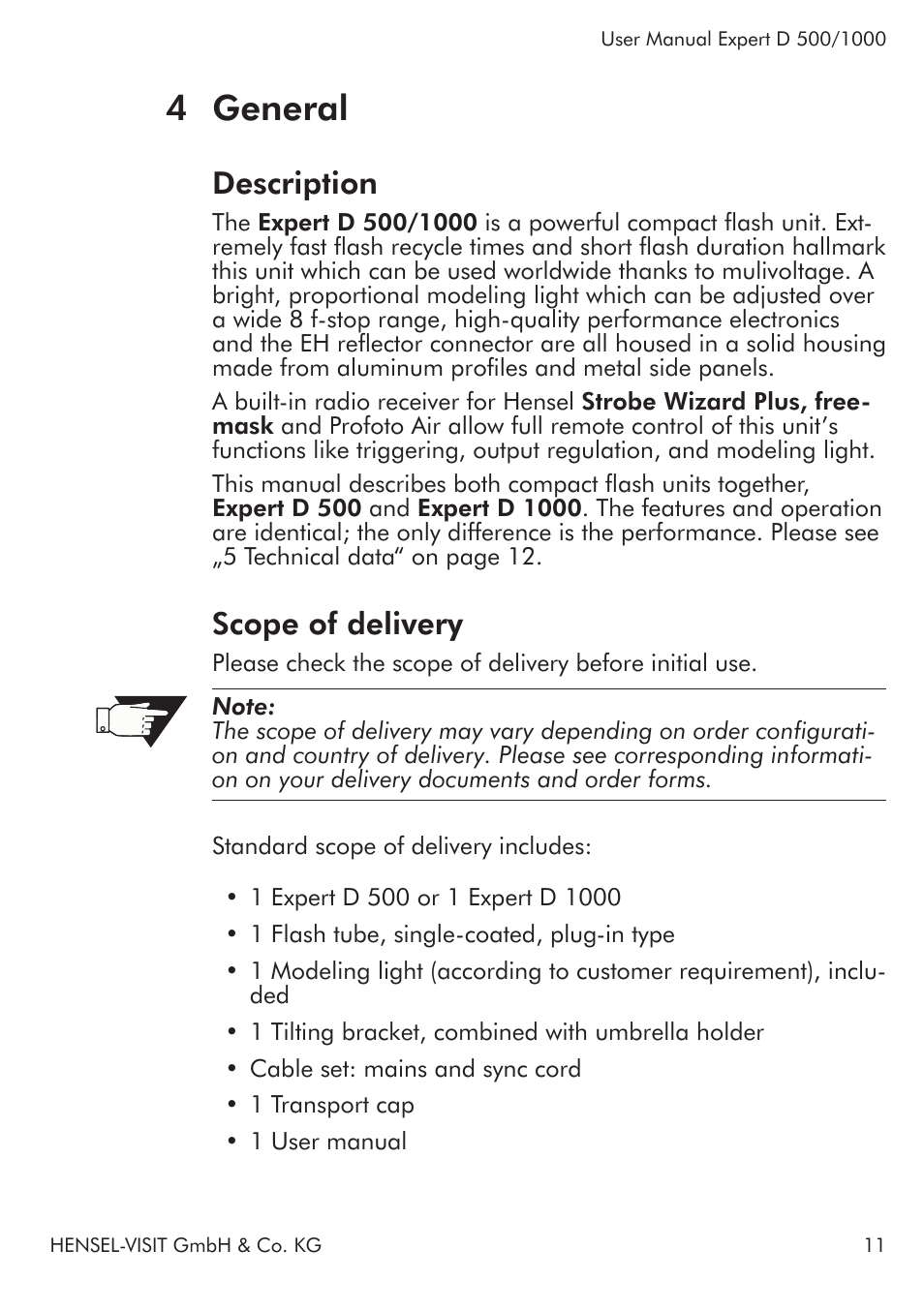 4 general, Description, Scope of delivery | Hensel Expert D 1000 Flash Kit User Manual | Page 11 / 44