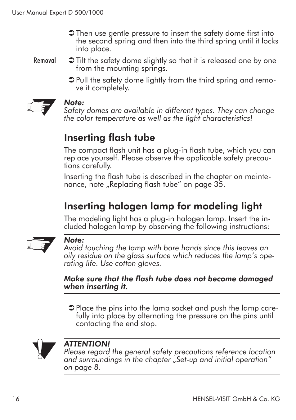 Inserting flash tube, Inserting halogen lamp for modeling light | Hensel Expert D 1000 Flash Kit User Manual | Page 16 / 44