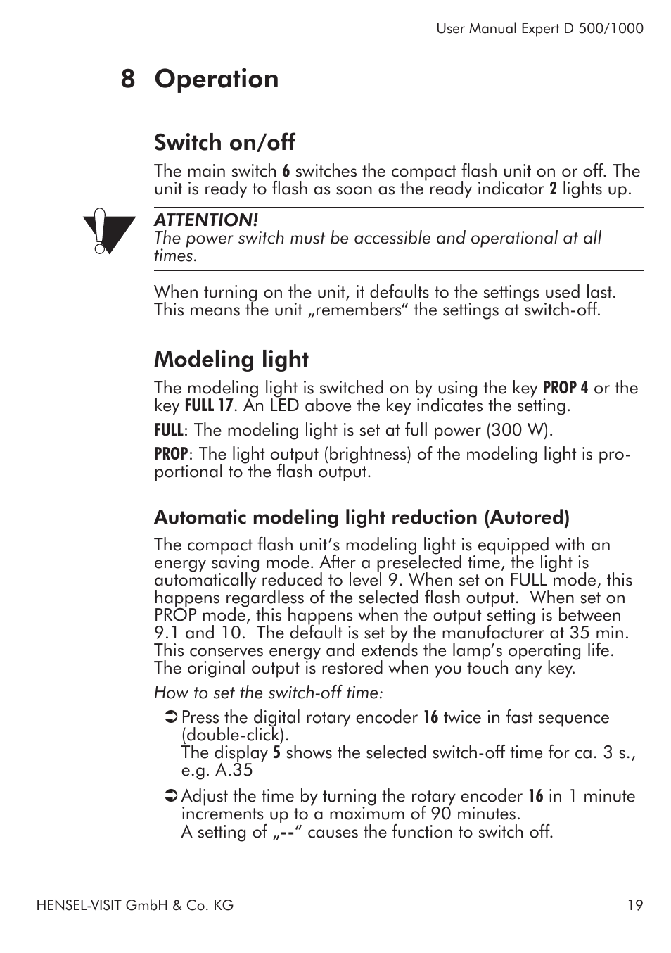 8 operation, Switch on/off, Modeling light | Hensel Expert D 1000 Flash Kit User Manual | Page 19 / 44