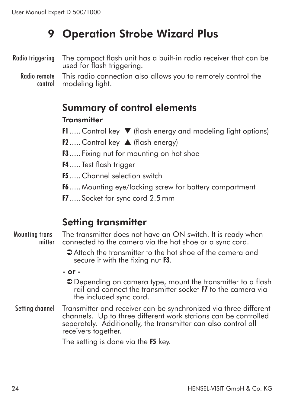 9 operation strobe wizard plus, Summary of control elements, Setting transmitter | Hensel Expert D 1000 Flash Kit User Manual | Page 24 / 44