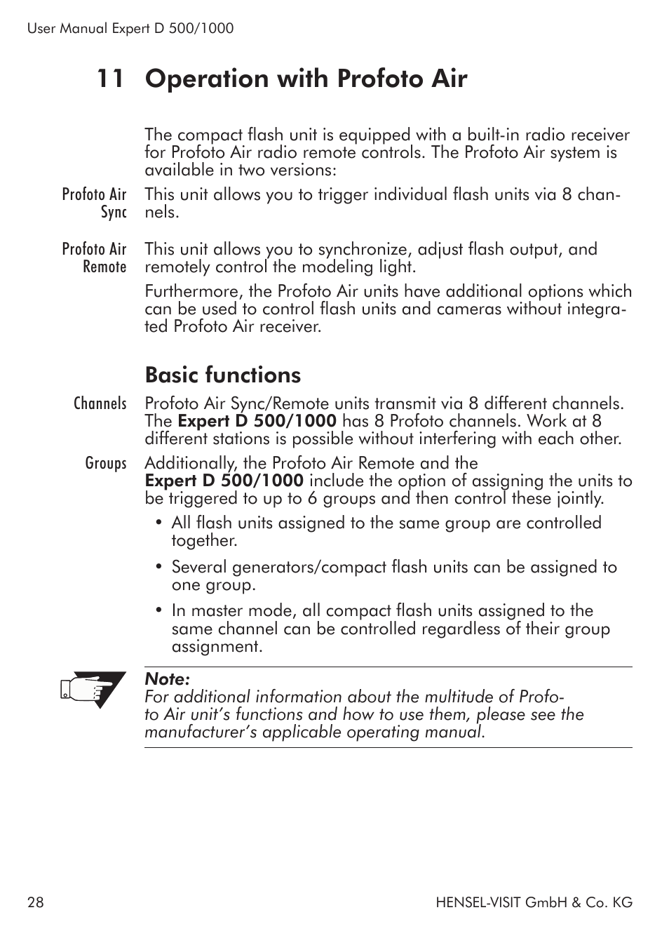 11 operation with profoto air, Basic functions | Hensel Expert D 1000 Flash Kit User Manual | Page 28 / 44