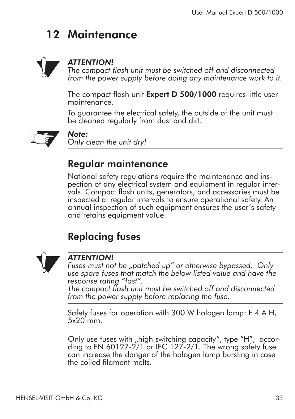 12 maintenance, Regular maintenance, Replacing fuses | Hensel Expert D 1000 Flash Kit User Manual | Page 33 / 44