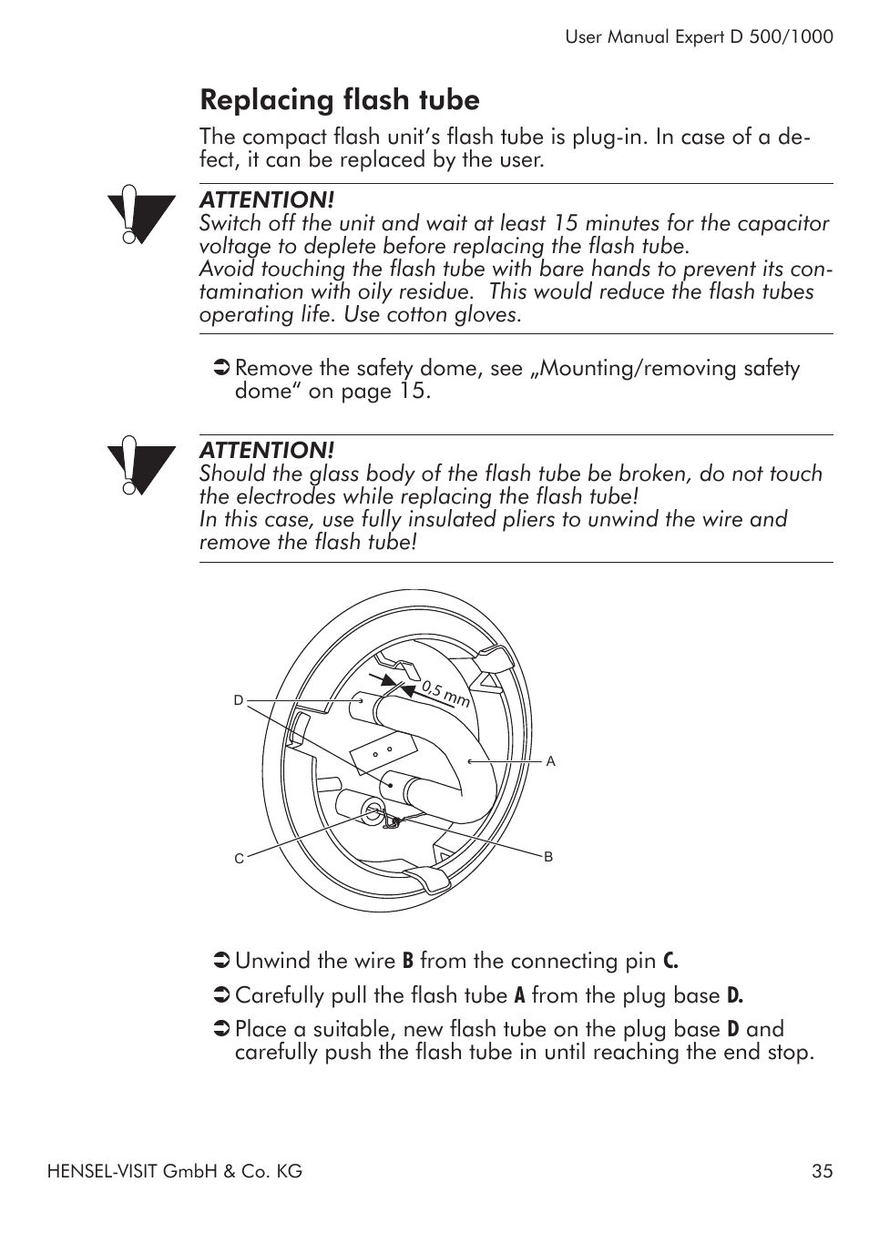 Replacing flash tube | Hensel Expert D 1000 Flash Kit User Manual | Page 35 / 44