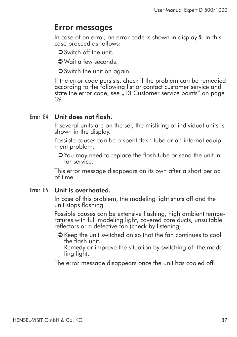 Error messages | Hensel Expert D 1000 Flash Kit User Manual | Page 37 / 44