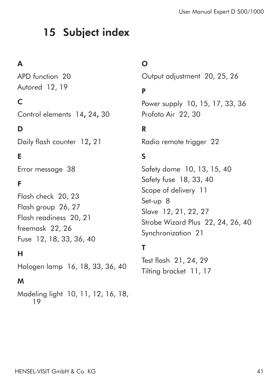 15 subject index | Hensel Expert D 1000 Flash Kit User Manual | Page 41 / 44