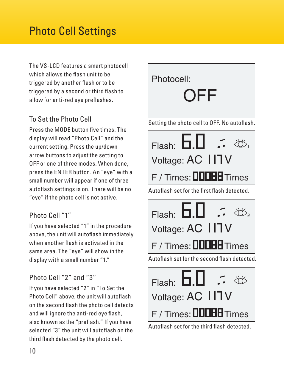Flash & modeling lamp settings page 10 page 7, Photo cell settings, Ac v | Flash adjust, Flash: voltage, F / times: times, Photocell, F / times: times flash: voltage | Impact Digital Monolight 400W/s (120VAC) User Manual | Page 10 / 16