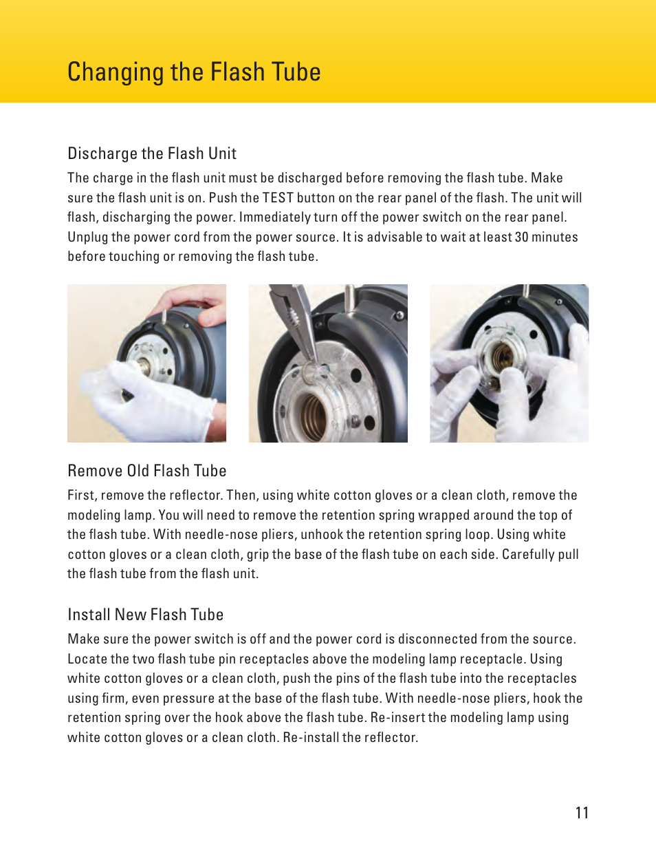 Page 6 page 11 power supply, Ac v, Changing the flash tube | Impact Digital Monolight 400W/s (120VAC) User Manual | Page 11 / 16