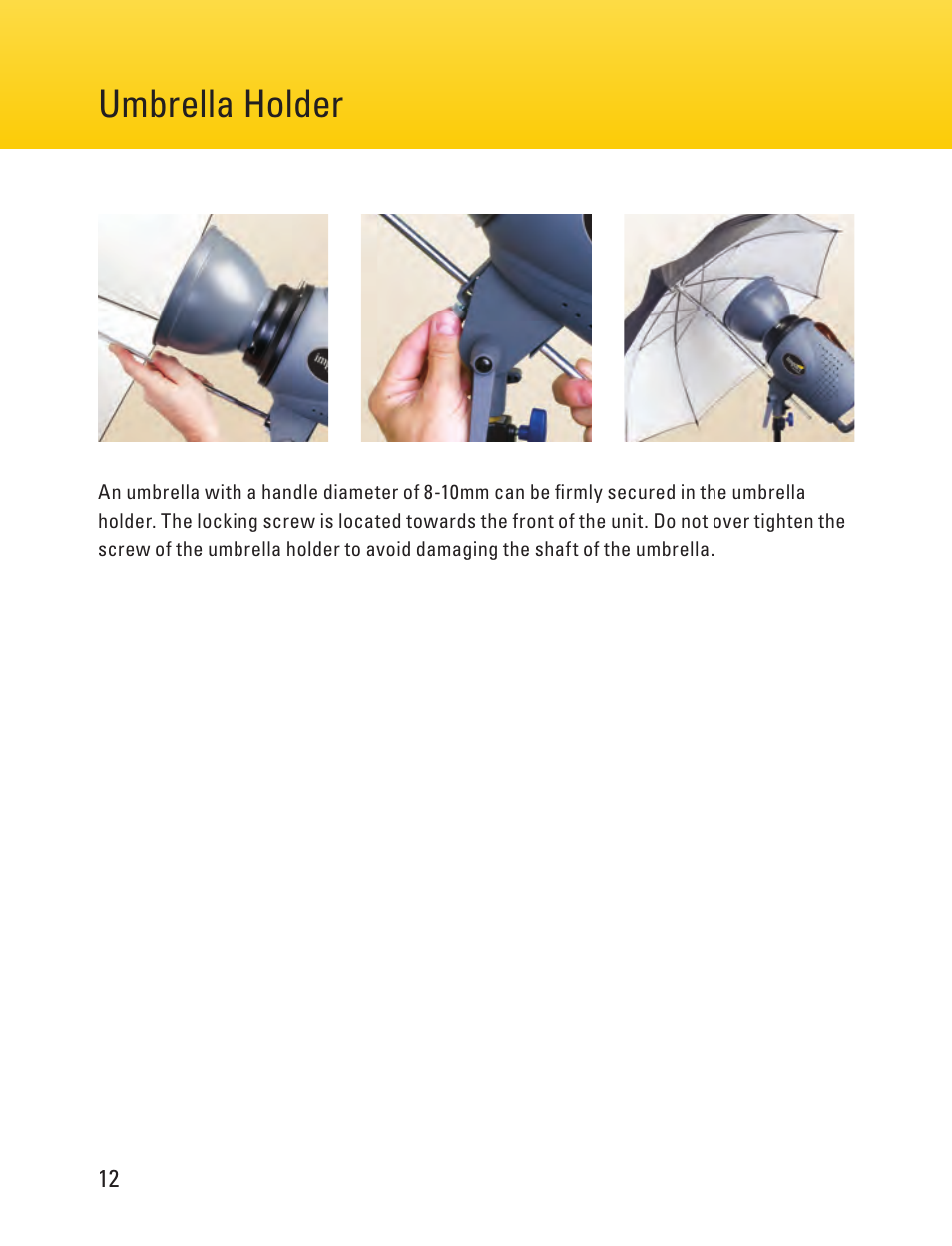 Operating instructions, Umbrella holder page 12 page 5 | Impact Digital Monolight 400W/s (120VAC) User Manual | Page 12 / 16