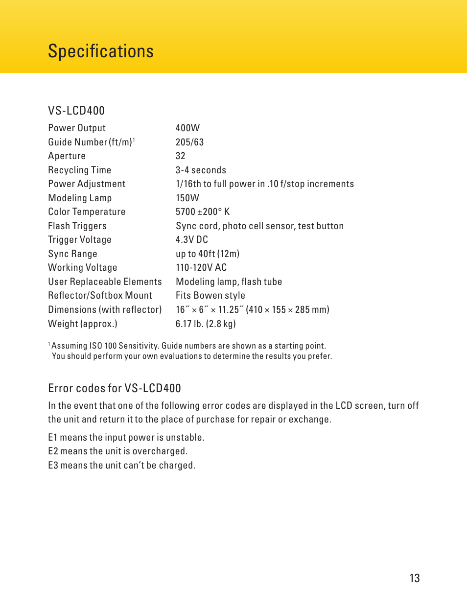 Page 4 page 13 specifications | Impact Digital Monolight 400W/s (120VAC) User Manual | Page 13 / 16