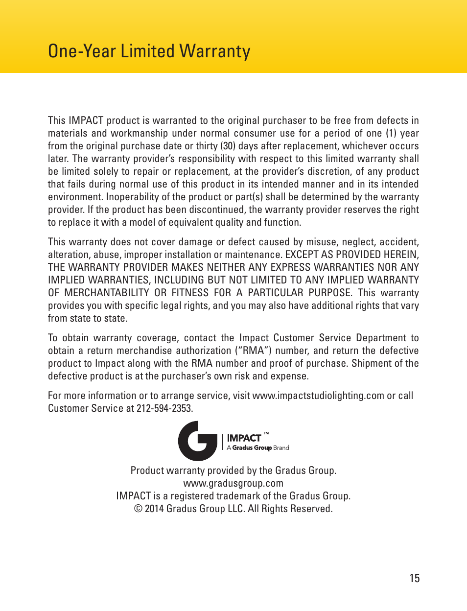 Page 2 page 15 one-year limited warranty | Impact Digital Monolight 400W/s (120VAC) User Manual | Page 15 / 16