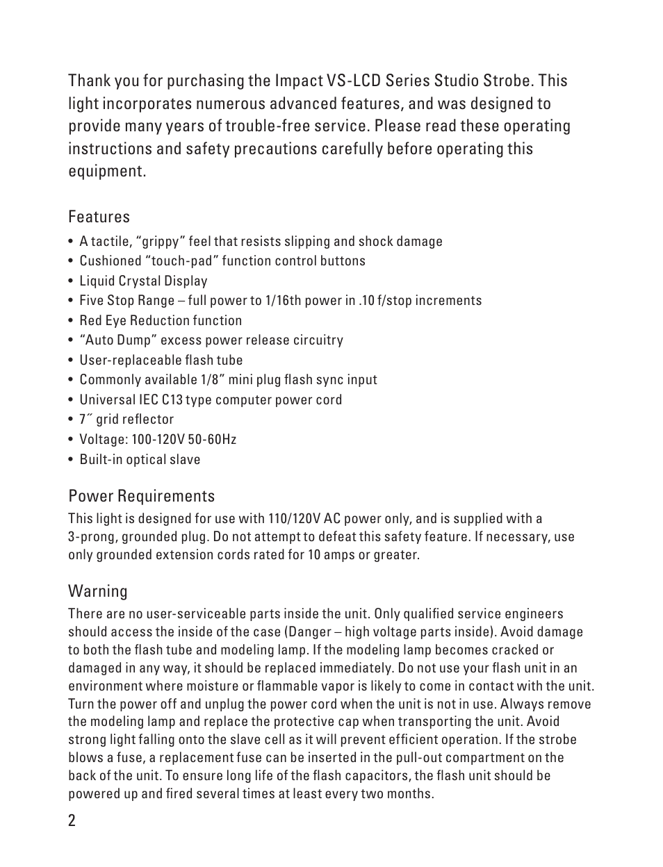 Page 2 page 15 one-year limited warranty | Impact Digital Monolight 400W/s (120VAC) User Manual | Page 2 / 16