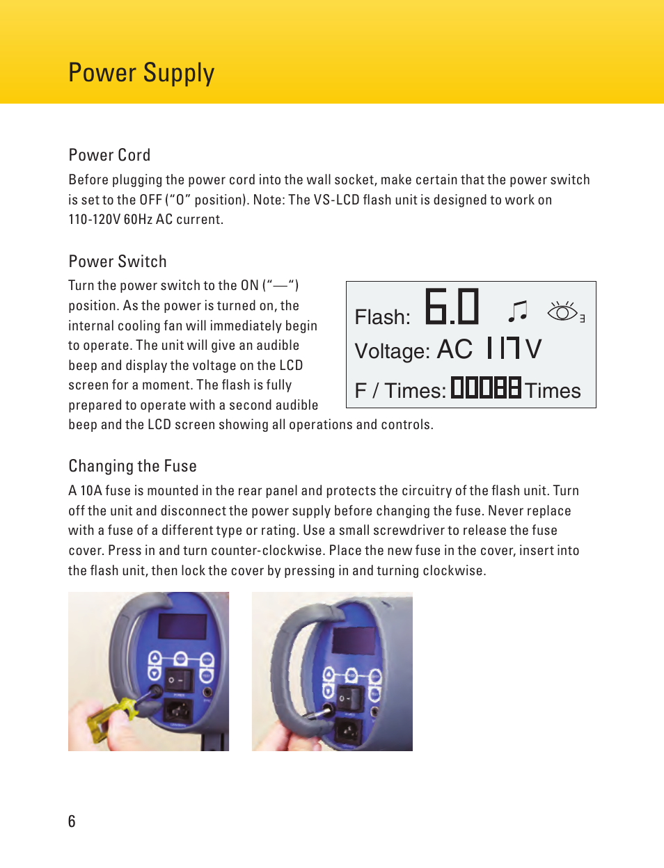 Page 6 page 11 power supply, Ac v, Changing the flash tube | Impact Digital Monolight 400W/s (120VAC) User Manual | Page 6 / 16