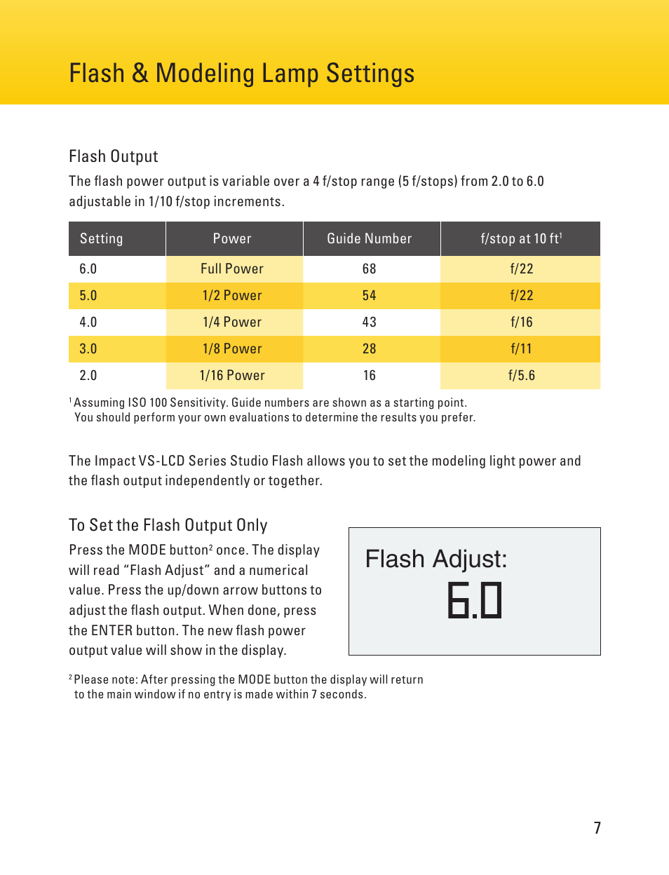Flash & modeling lamp settings page 10 page 7, Photo cell settings, Ac v | Flash adjust, Flash: voltage, F / times: times, Photocell, F / times: times flash: voltage | Impact Digital Monolight 400W/s (120VAC) User Manual | Page 7 / 16
