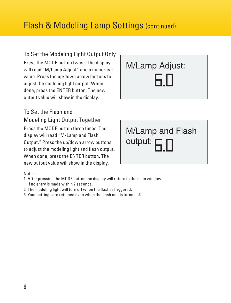 Flash & modeling lamp settings, Page 8 page 9, Audible beep settings | Ac v | Impact Digital Monolight 400W/s (120VAC) User Manual | Page 8 / 16