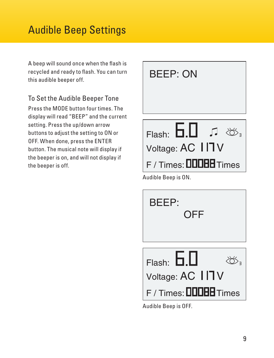 Flash & modeling lamp settings, Page 8 page 9, Audible beep settings | Ac v | Impact Digital Monolight 400W/s (120VAC) User Manual | Page 9 / 16