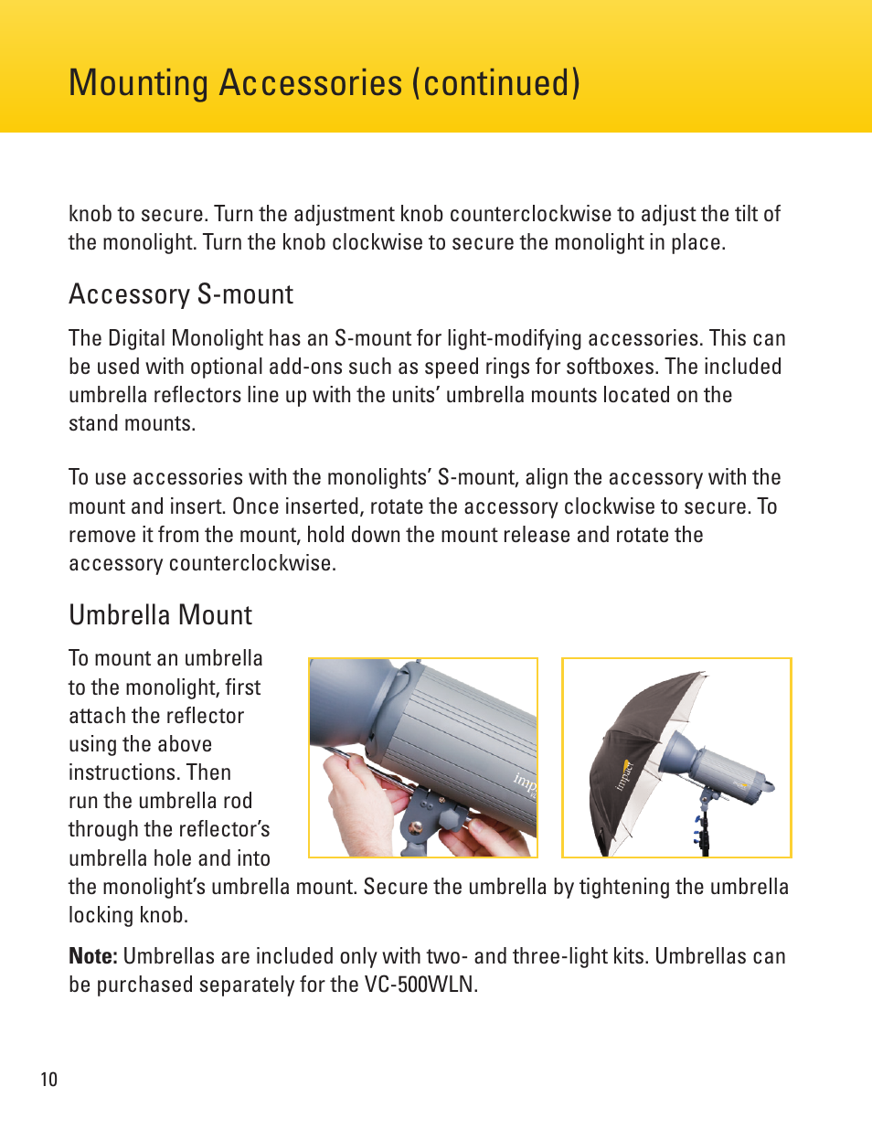 Mounting accessories (continued), Accessory s-mount, Umbrella mount | Impact VC-500WLN 500Ws Monolight User Manual | Page 10 / 28