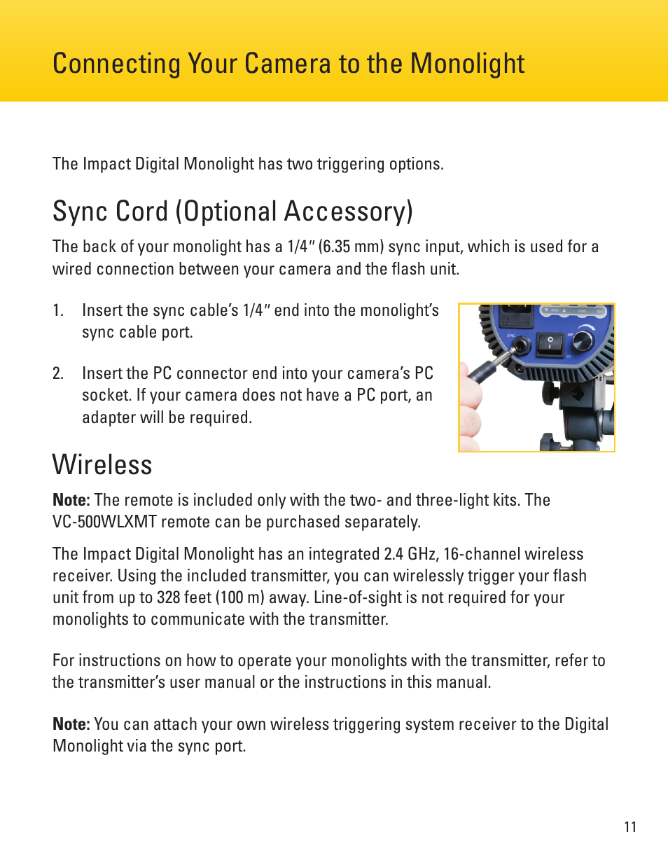 Sync cord (optional accessory), Wireless, Connecting your camera to the monolight | Impact VC-500WLN 500Ws Monolight User Manual | Page 11 / 28
