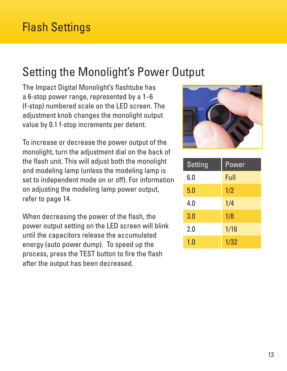 Setting the monolight’s power output, Flash settings | Impact VC-500WLN 500Ws Monolight User Manual | Page 13 / 28