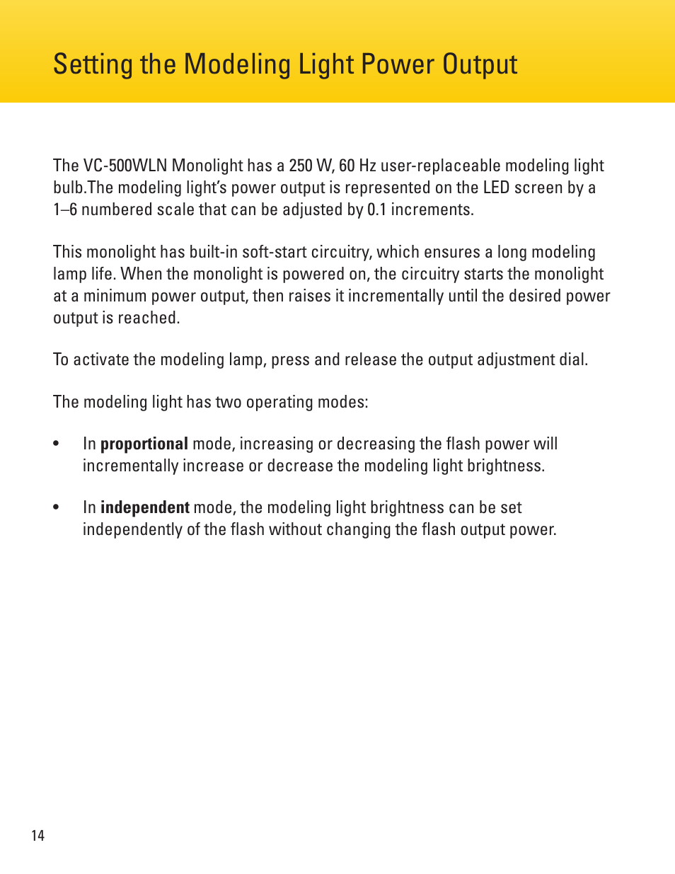 Setting the modeling light power output | Impact VC-500WLN 500Ws Monolight User Manual | Page 14 / 28
