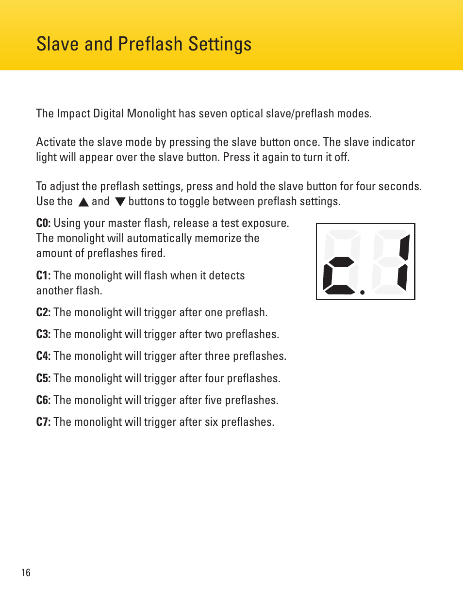 Slave and preflash settings | Impact VC-500WLN 500Ws Monolight User Manual | Page 16 / 28