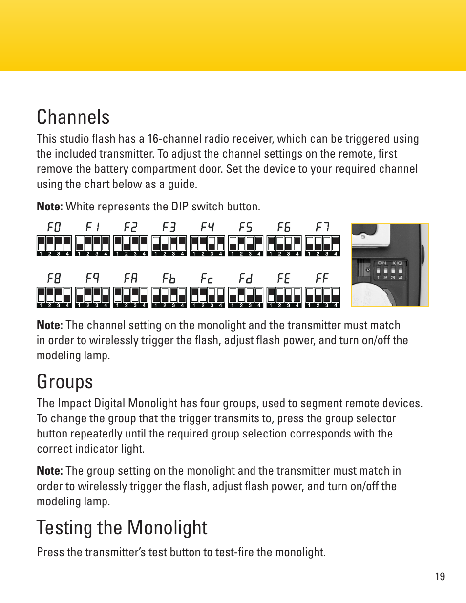 Channels, Groups, Testing the monolight | Impact VC-500WLN 500Ws Monolight User Manual | Page 19 / 28