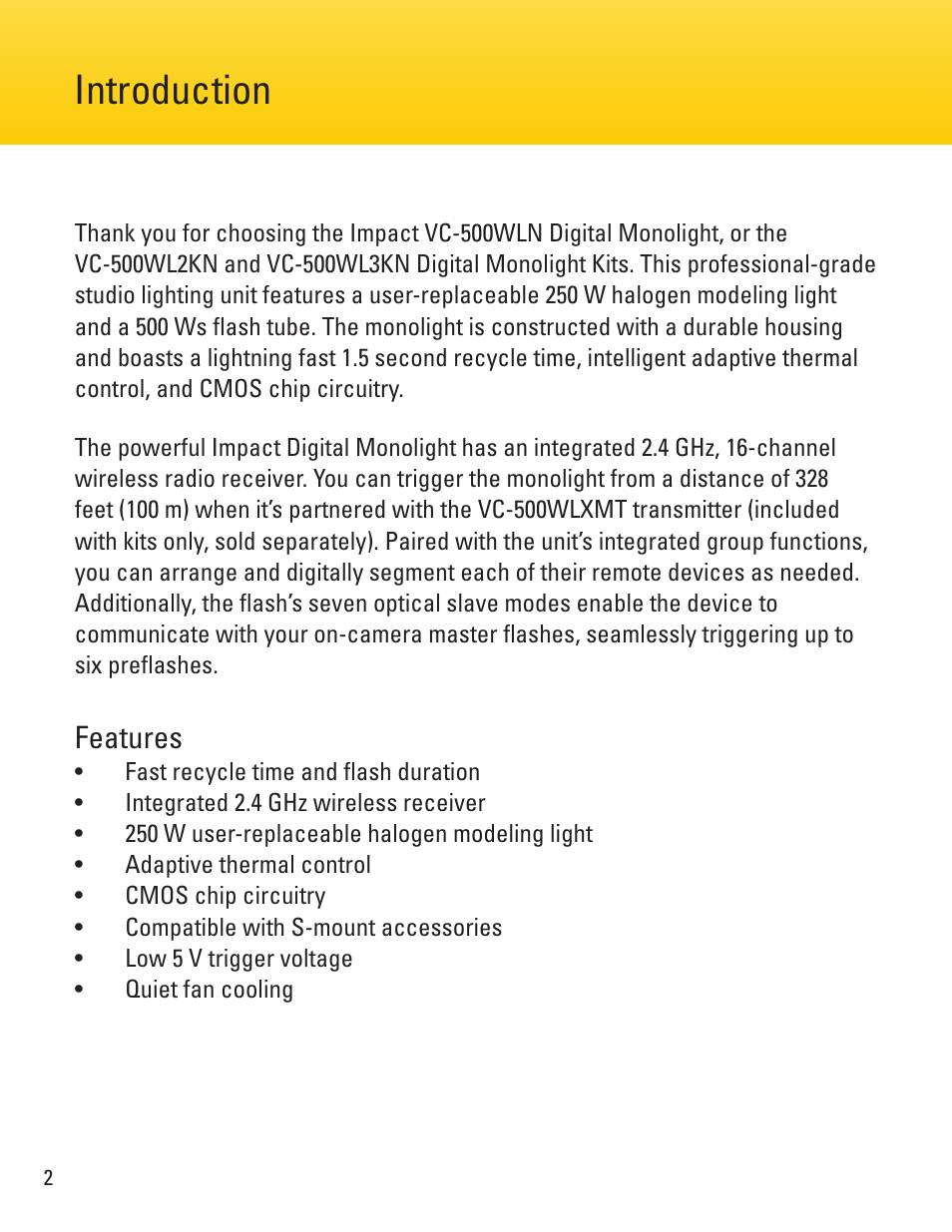Introduction, Features | Impact VC-500WLN 500Ws Monolight User Manual | Page 2 / 28