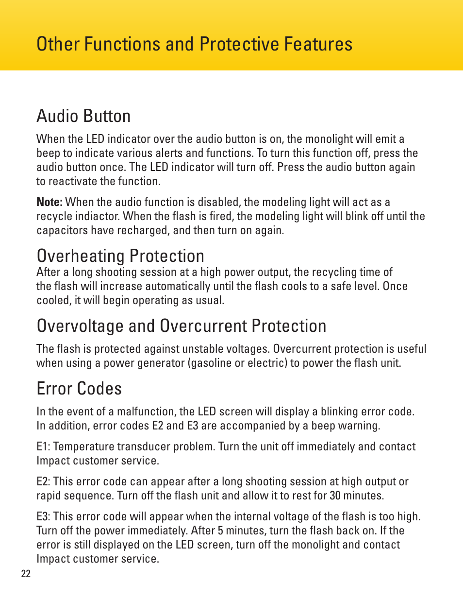 Other functions and protective features, Audio button, Overheating protection | Overvoltage and overcurrent protection, Error codes | Impact VC-500WLN 500Ws Monolight User Manual | Page 22 / 28