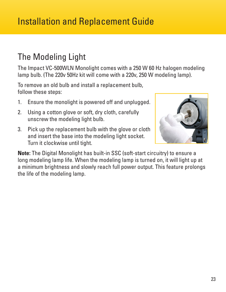 Installation and replacement guide, The modeling light | Impact VC-500WLN 500Ws Monolight User Manual | Page 23 / 28