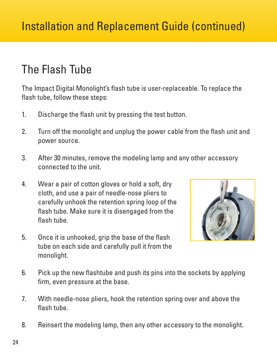 The flash tube, Installation and replacement guide (continued) | Impact VC-500WLN 500Ws Monolight User Manual | Page 24 / 28