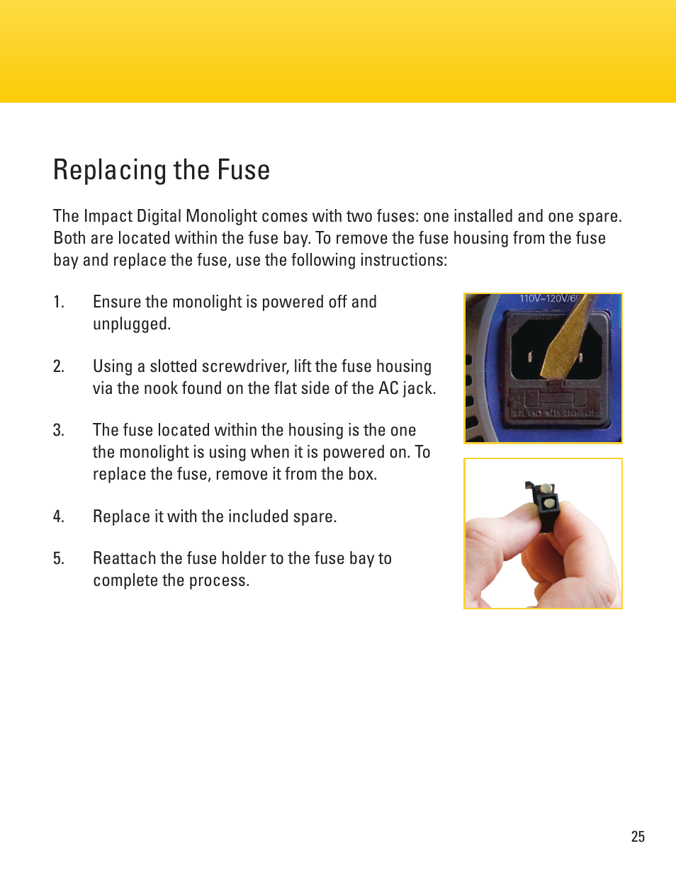 Replacing the fuse | Impact VC-500WLN 500Ws Monolight User Manual | Page 25 / 28