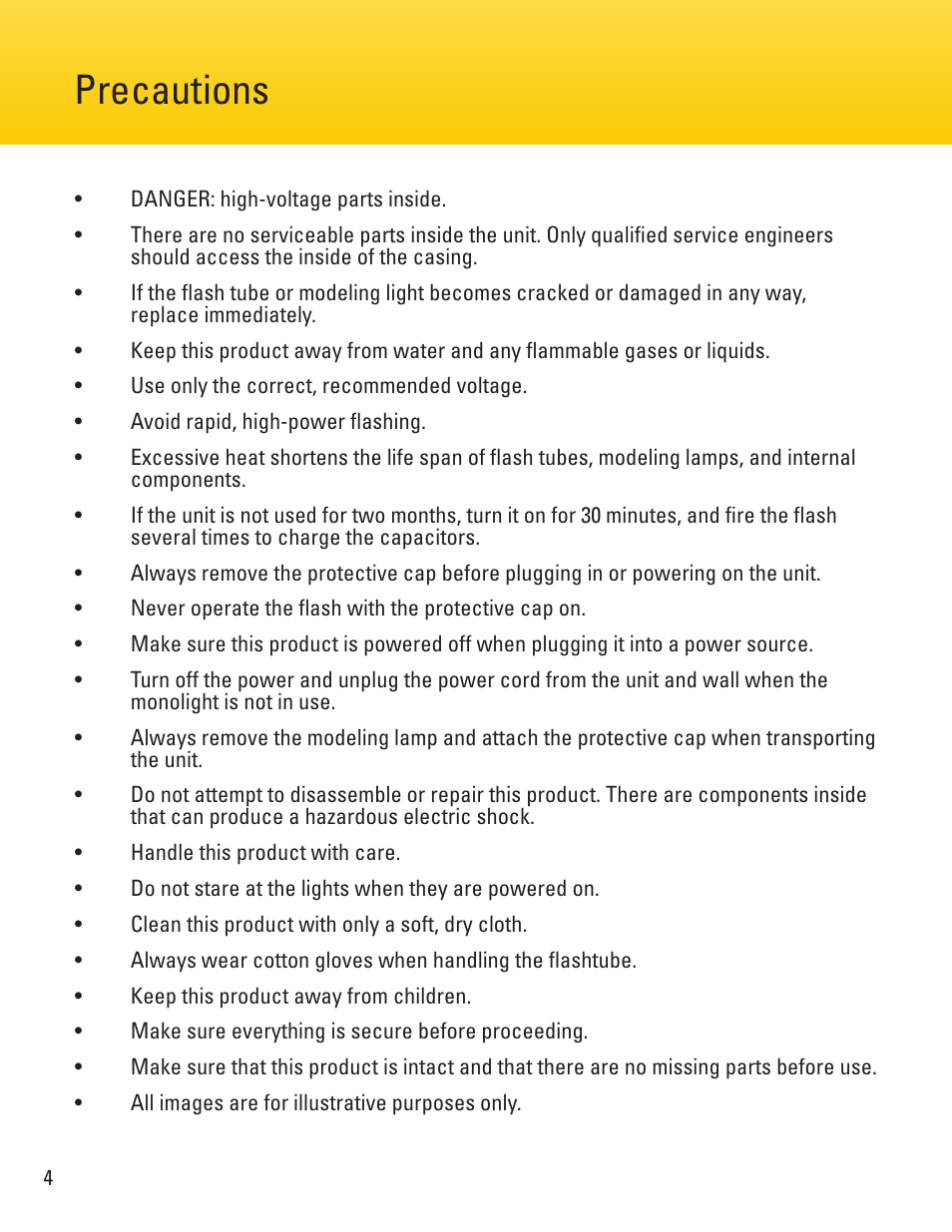 Precautions | Impact VC-500WLN 500Ws Monolight User Manual | Page 4 / 28
