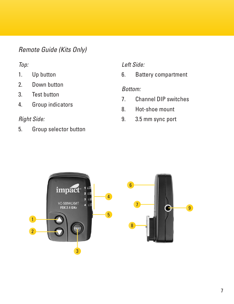 Remote guide (kits only) | Impact VC-500WLN 500Ws Monolight User Manual | Page 7 / 28
