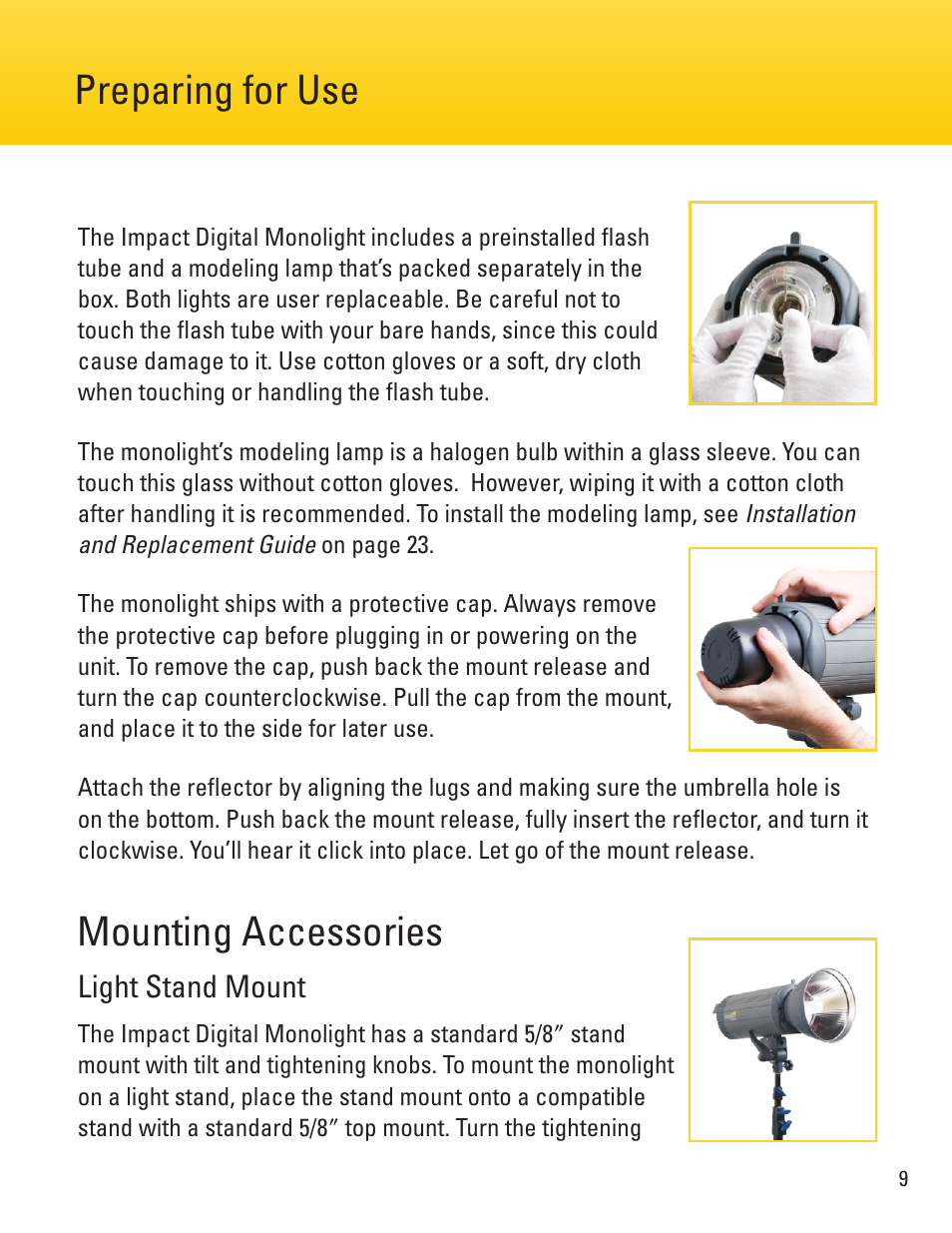 Mounting accessories, Preparing for use, Light stand mount | Impact VC-500WLN 500Ws Monolight User Manual | Page 9 / 28