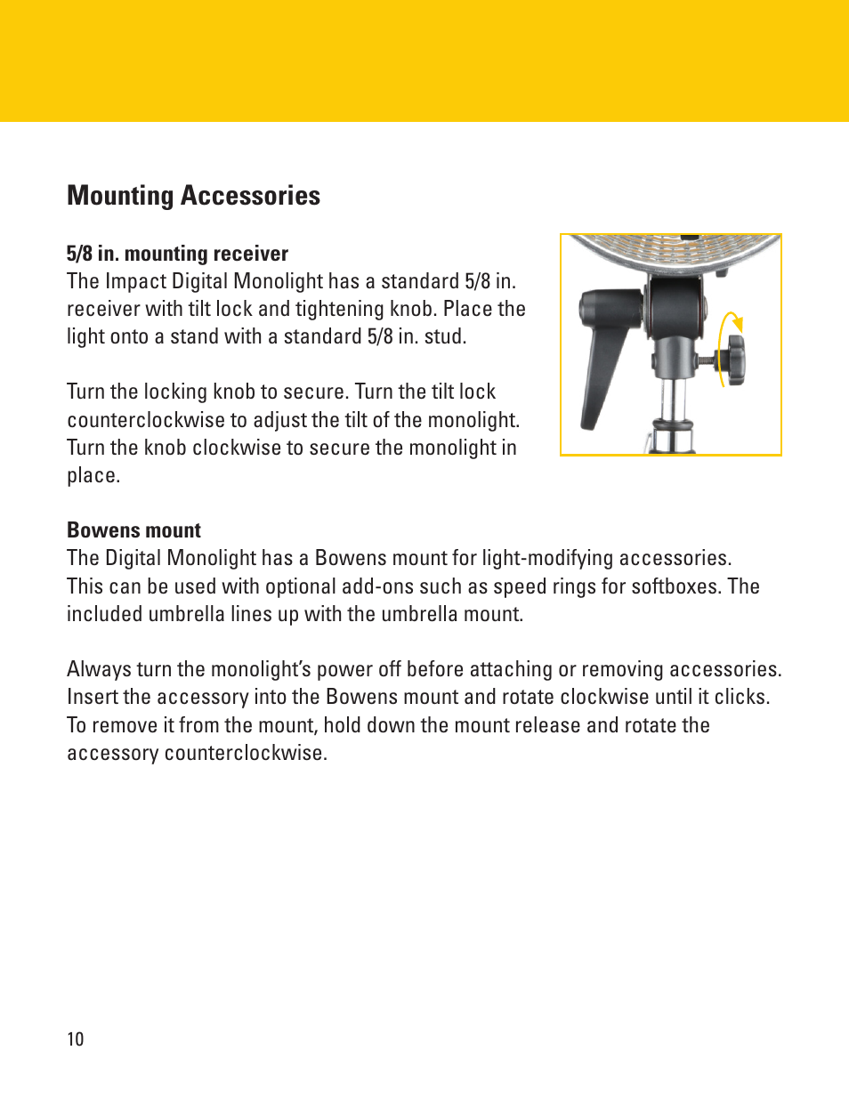 Mounting accessories | Impact VC-500WLN-II 500Ws Digital Monolight User Manual | Page 10 / 28
