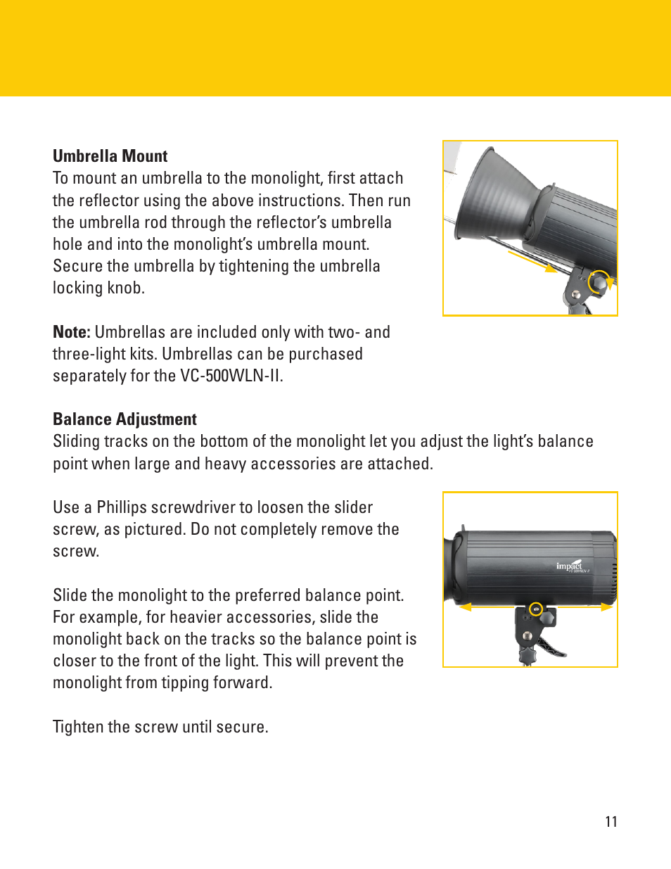 Impact VC-500WLN-II 500Ws Digital Monolight User Manual | Page 11 / 28
