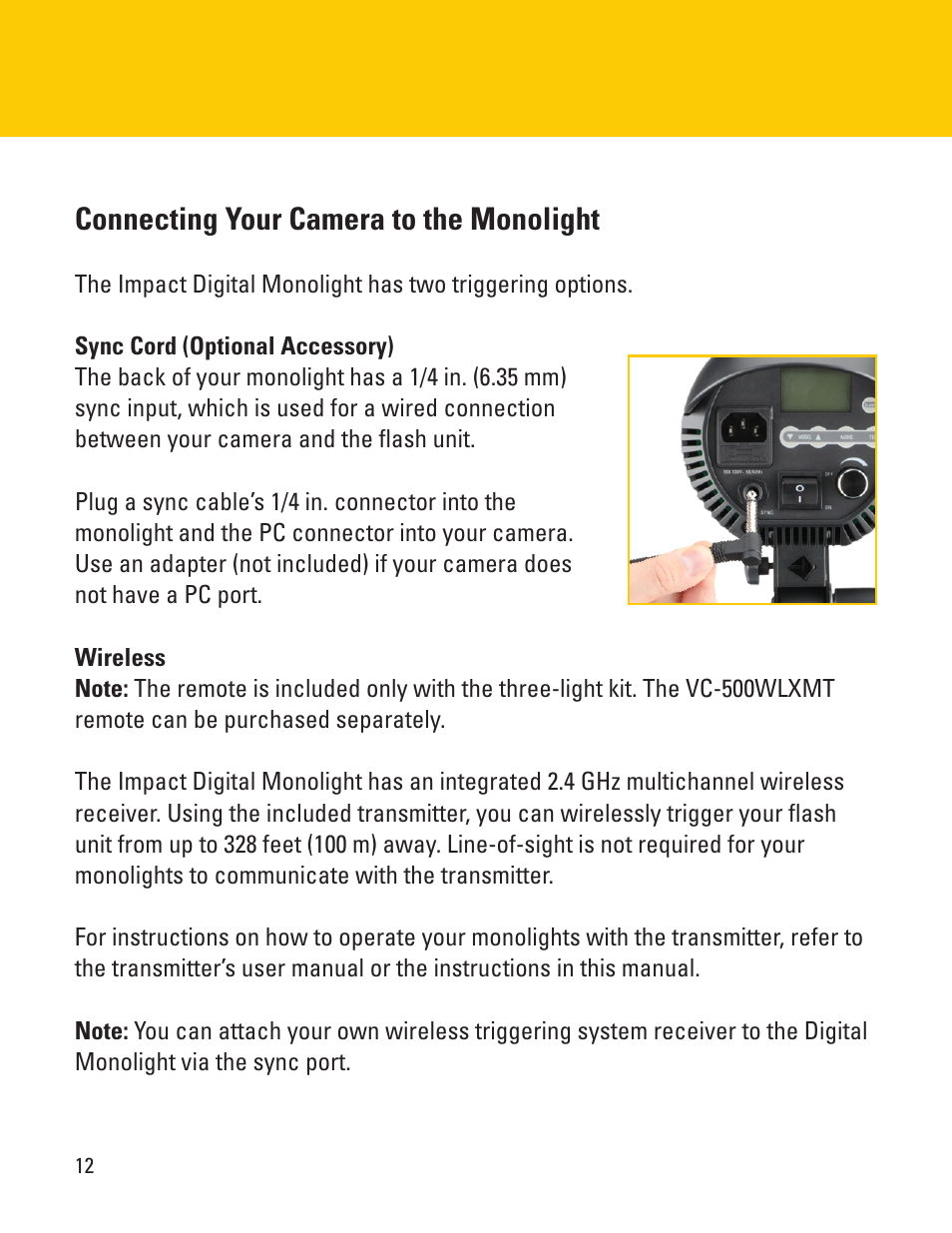 Connecting your camera to the monolight | Impact VC-500WLN-II 500Ws Digital Monolight User Manual | Page 12 / 28