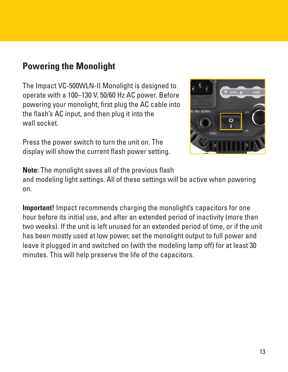 Powering the monolight | Impact VC-500WLN-II 500Ws Digital Monolight User Manual | Page 13 / 28
