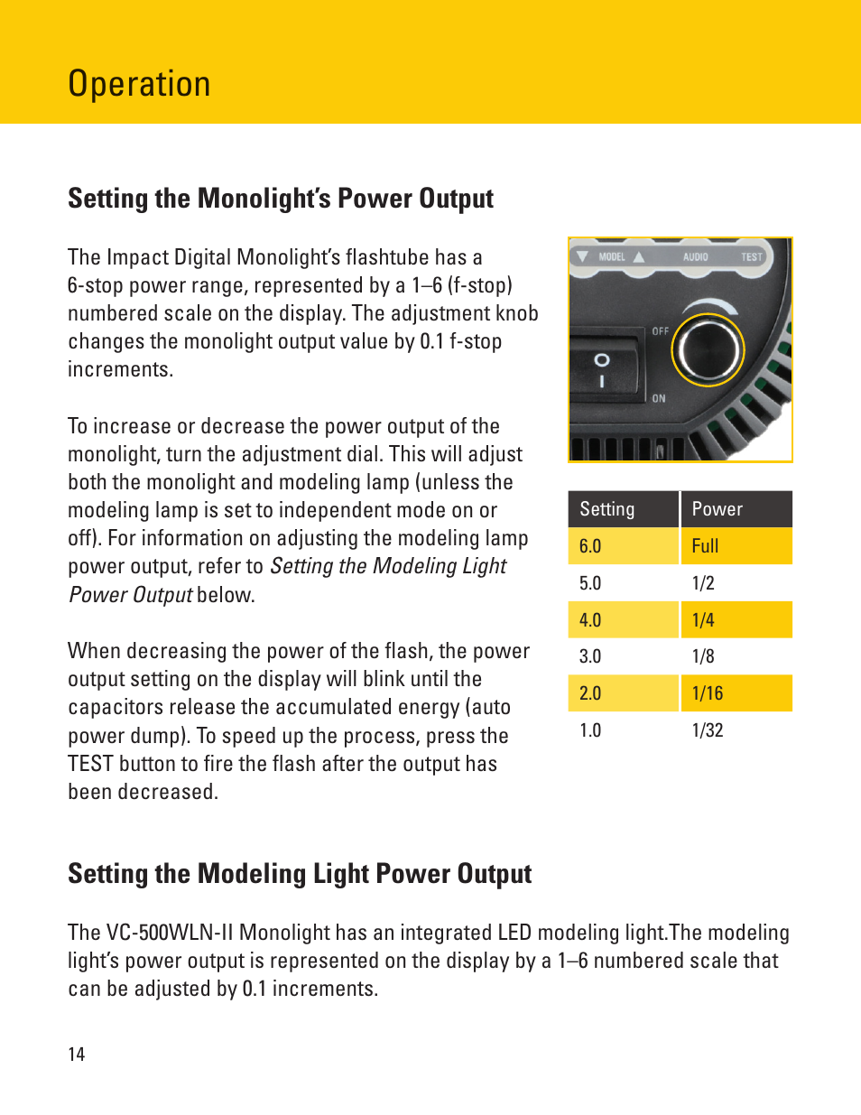 Operation, Setting the monolight’s power output, Setting the modeling light power output | Impact VC-500WLN-II 500Ws Digital Monolight User Manual | Page 14 / 28