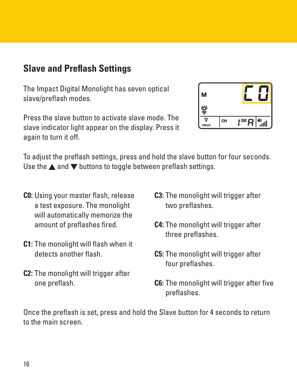 Slave and preflash settings | Impact VC-500WLN-II 500Ws Digital Monolight User Manual | Page 16 / 28