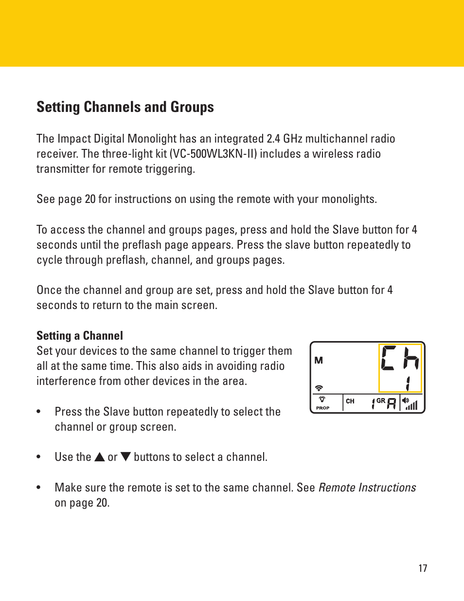 Setting channels and groups | Impact VC-500WLN-II 500Ws Digital Monolight User Manual | Page 17 / 28