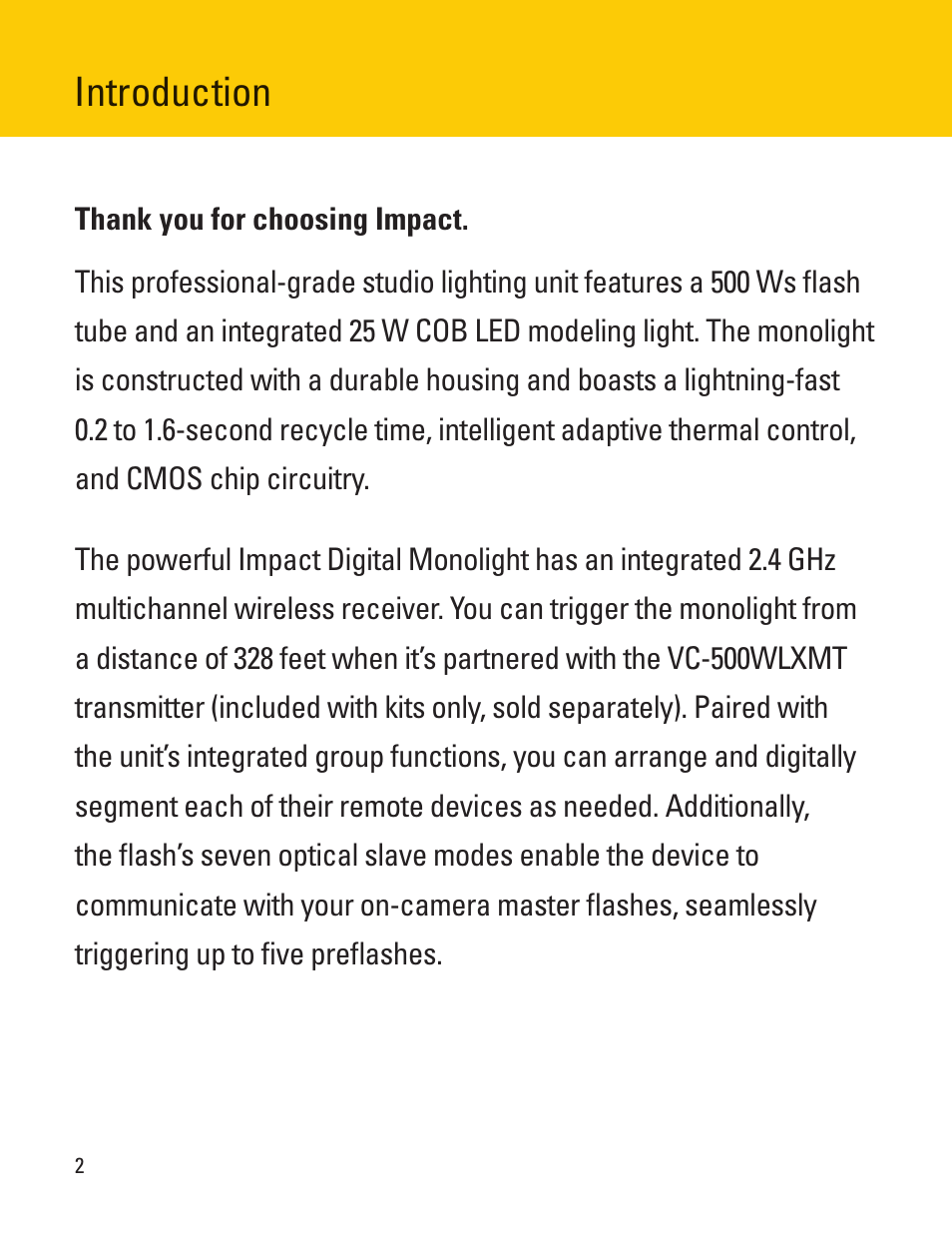 Introduction | Impact VC-500WLN-II 500Ws Digital Monolight User Manual | Page 2 / 28
