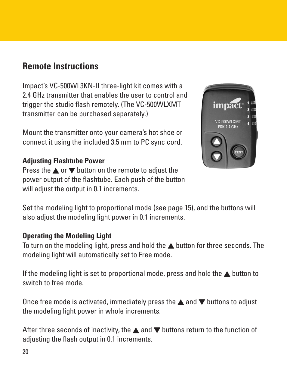 Remote instructions | Impact VC-500WLN-II 500Ws Digital Monolight User Manual | Page 20 / 28