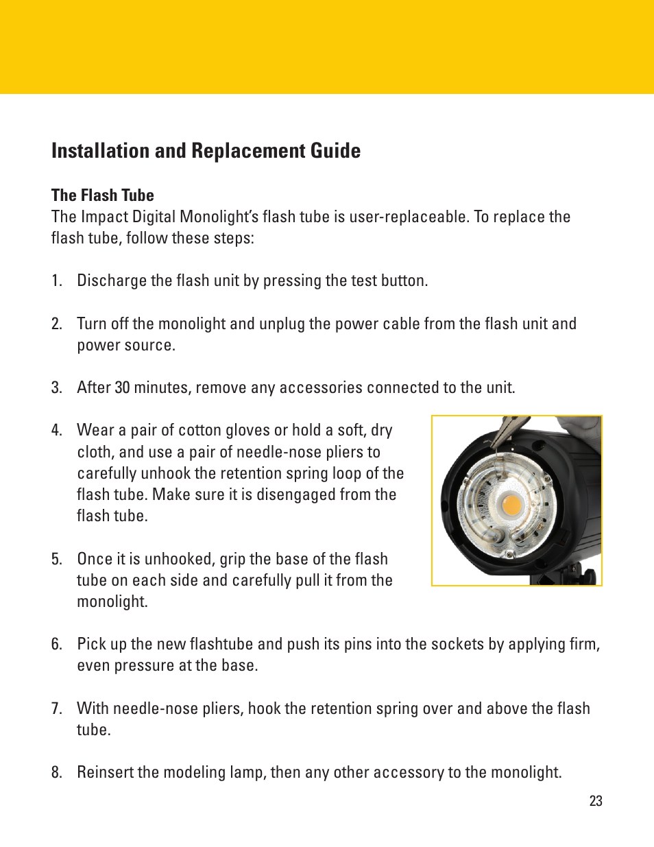 Installation and replacement guide | Impact VC-500WLN-II 500Ws Digital Monolight User Manual | Page 23 / 28