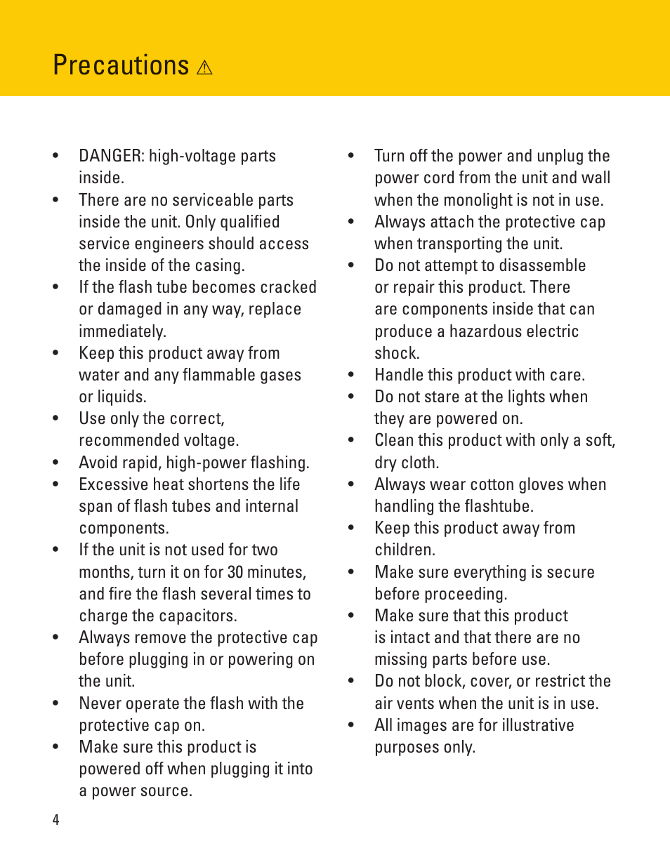 Precautions | Impact VC-500WLN-II 500Ws Digital Monolight User Manual | Page 4 / 28