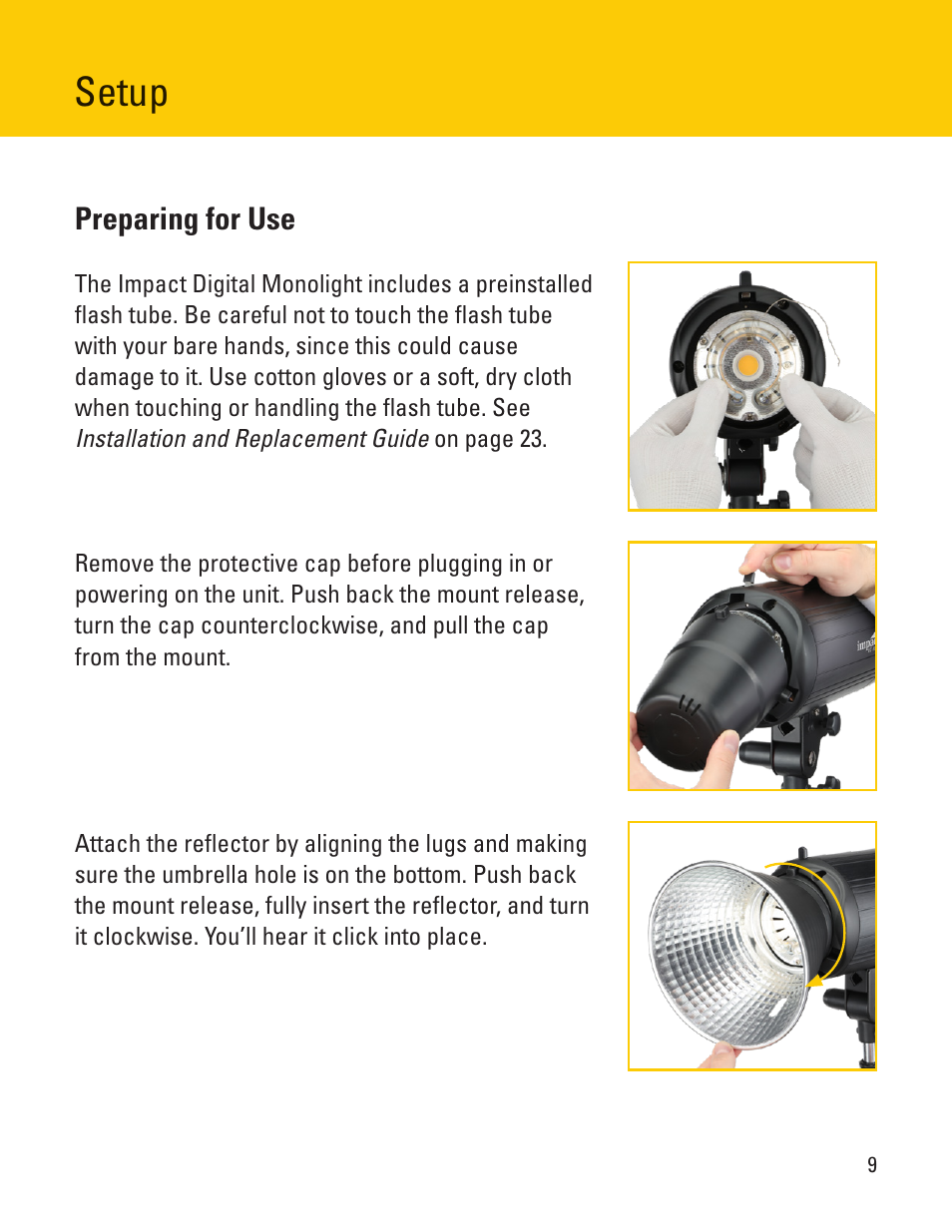 Setup, Preparing for use | Impact VC-500WLN-II 500Ws Digital Monolight User Manual | Page 9 / 28