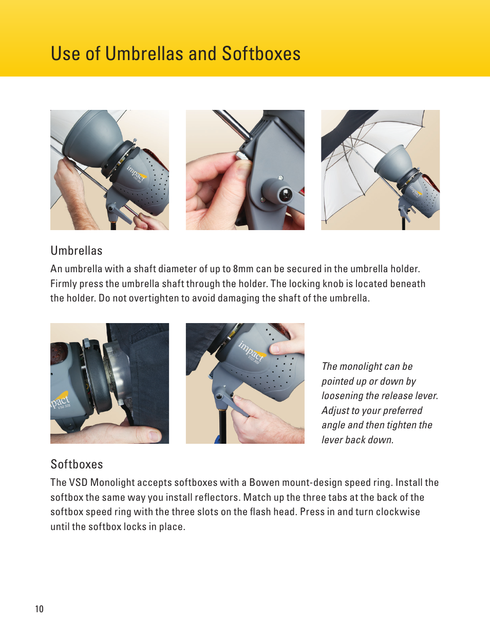 Modeling lamp settings page 10 page 7, Use of umbrellas and softboxes | Impact Digital Monolight 160W/s (120VAC) User Manual | Page 10 / 16