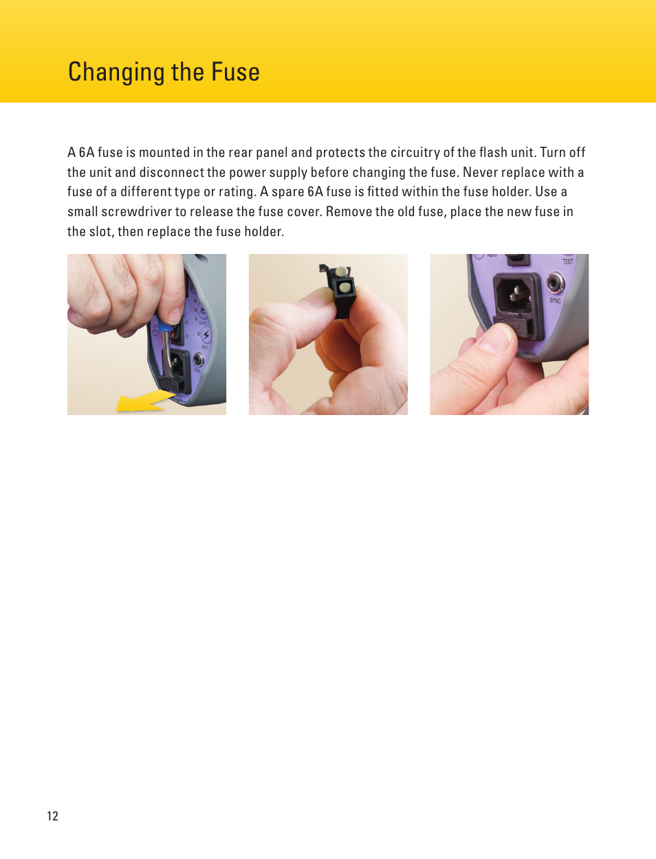 Operating instructions page 12 page 5, Changing the fuse | Impact Digital Monolight 160W/s (120VAC) User Manual | Page 12 / 16