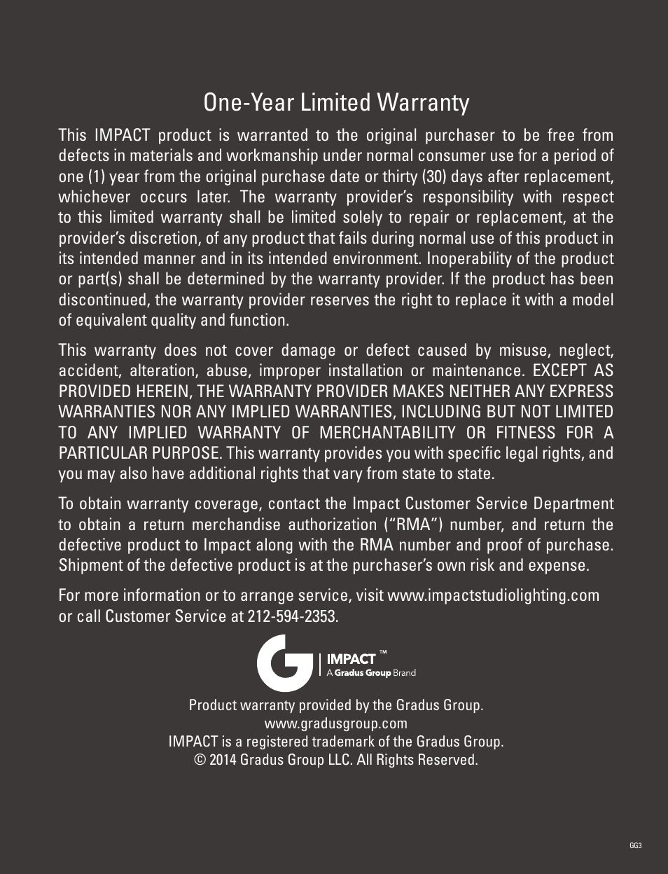 One-year limited warranty | Impact Digital Monolight 160W/s (120VAC) User Manual | Page 16 / 16