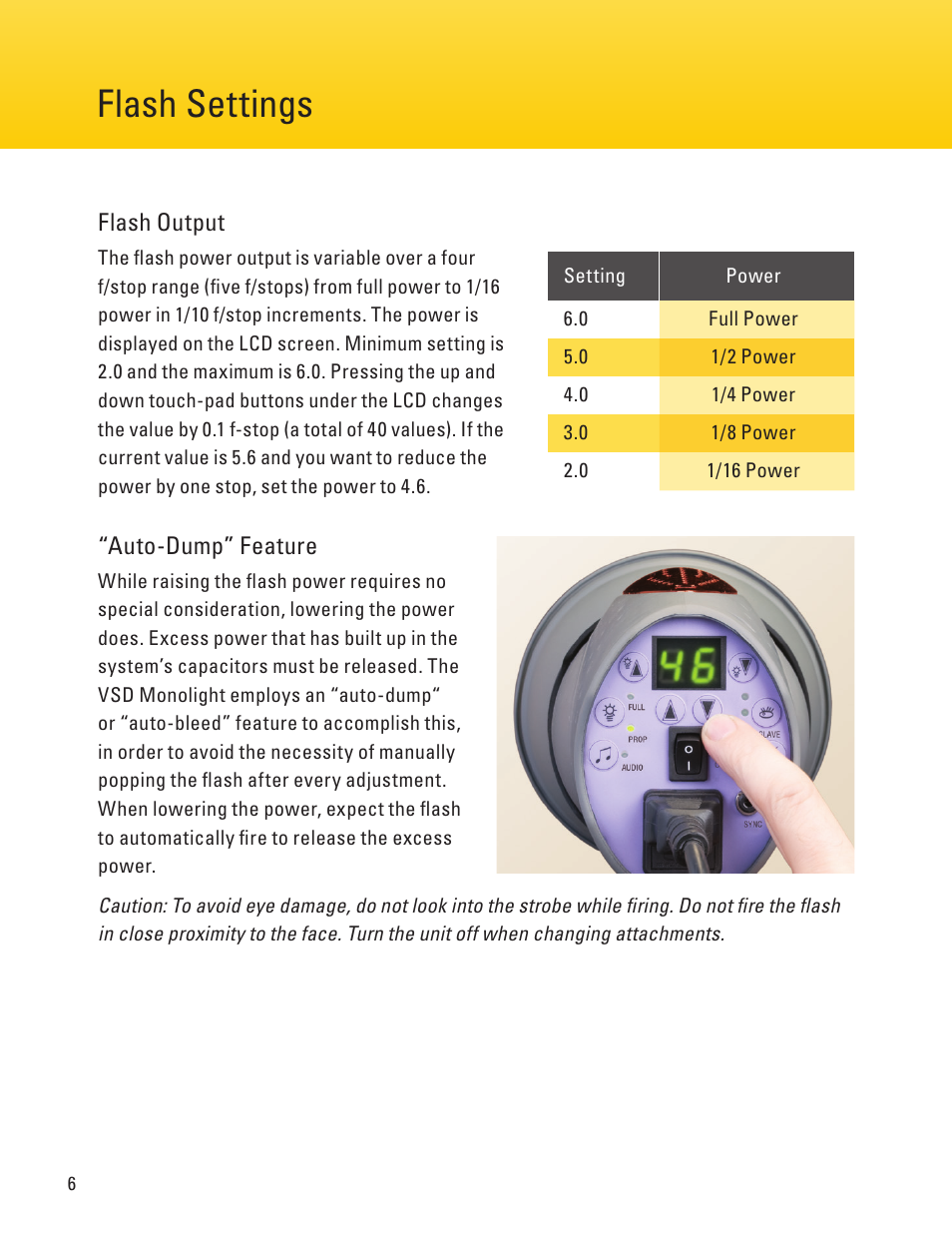 Page 6 page 11 flash settings, Changing the flashtube | Impact Digital Monolight 160W/s (120VAC) User Manual | Page 6 / 16